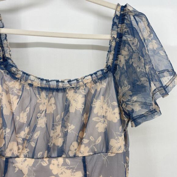 Lulus Size Large Babydoll Milkmaid Mini Dress Sheer Floral Blue Pink Romantic - Picture 2 of 10